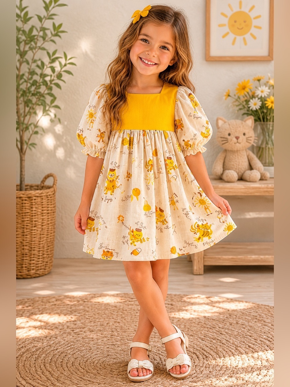 Playful Handmade Yellow and Cream Kids Dress with Cat Print Size 6-7